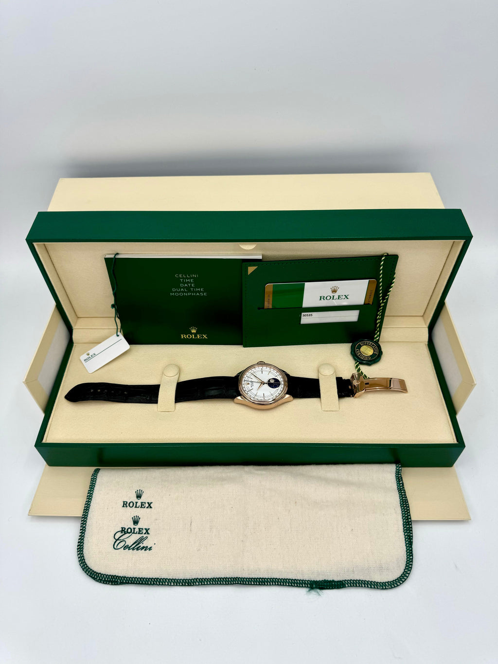 2018 Rolex Cellini Moonphase 39mm 50535 Rose Gold White Dial