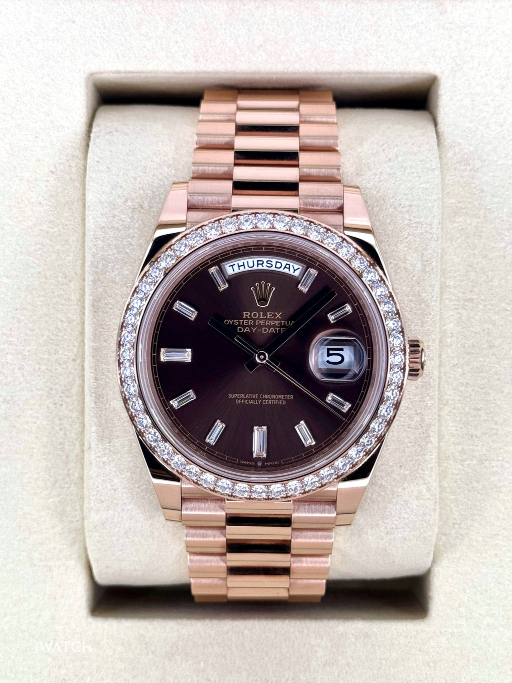 2025 Rolex Day-Date 40mm 228345RBR Rose Gold Chocolate Diamond Dial