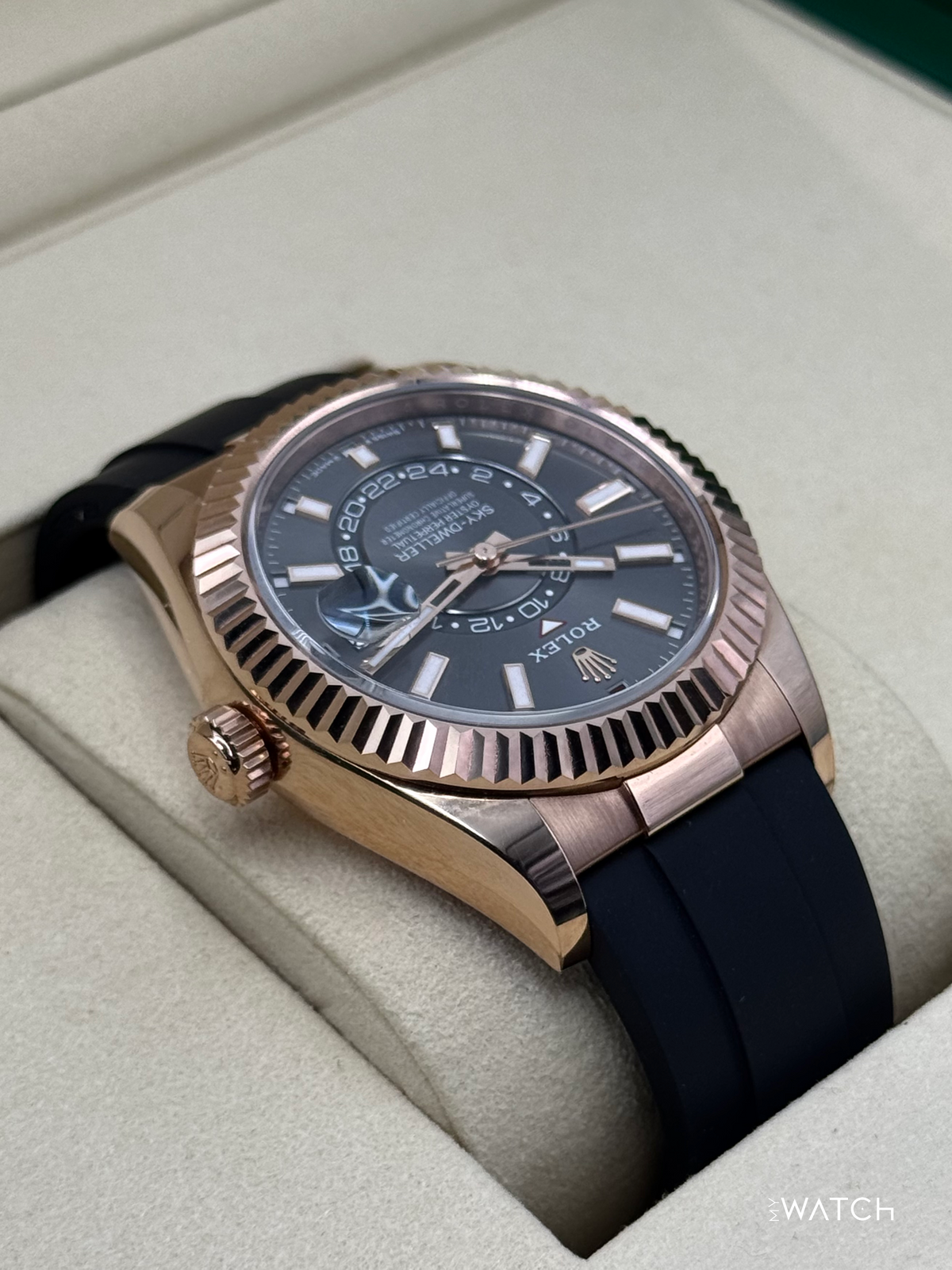 2025 Rolex Sky-Dweller 336235 Rose Gold Oysterflex Rhodium Dial