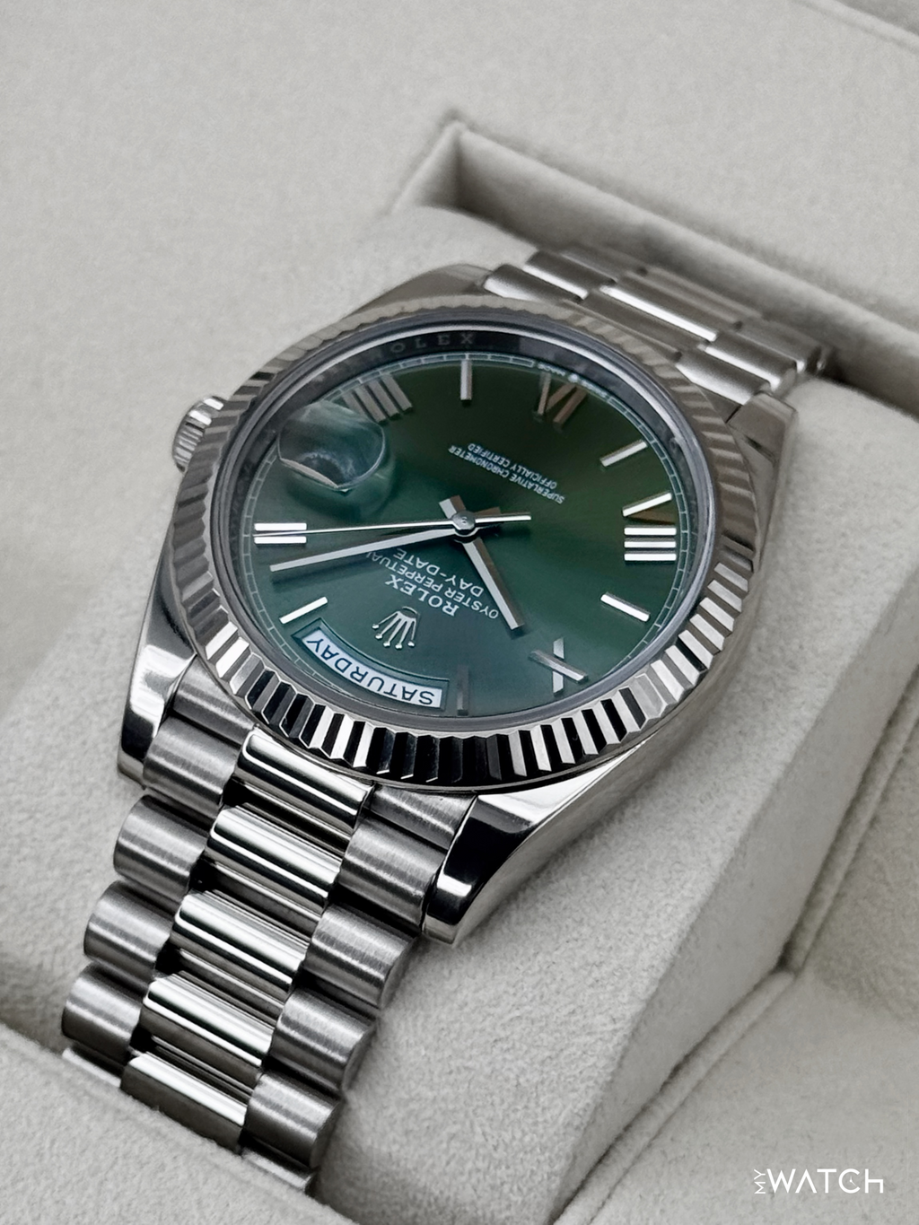 2022 Rolex Day-Date 40mm 228239 Presidential 18kt White Gold Olive Dial