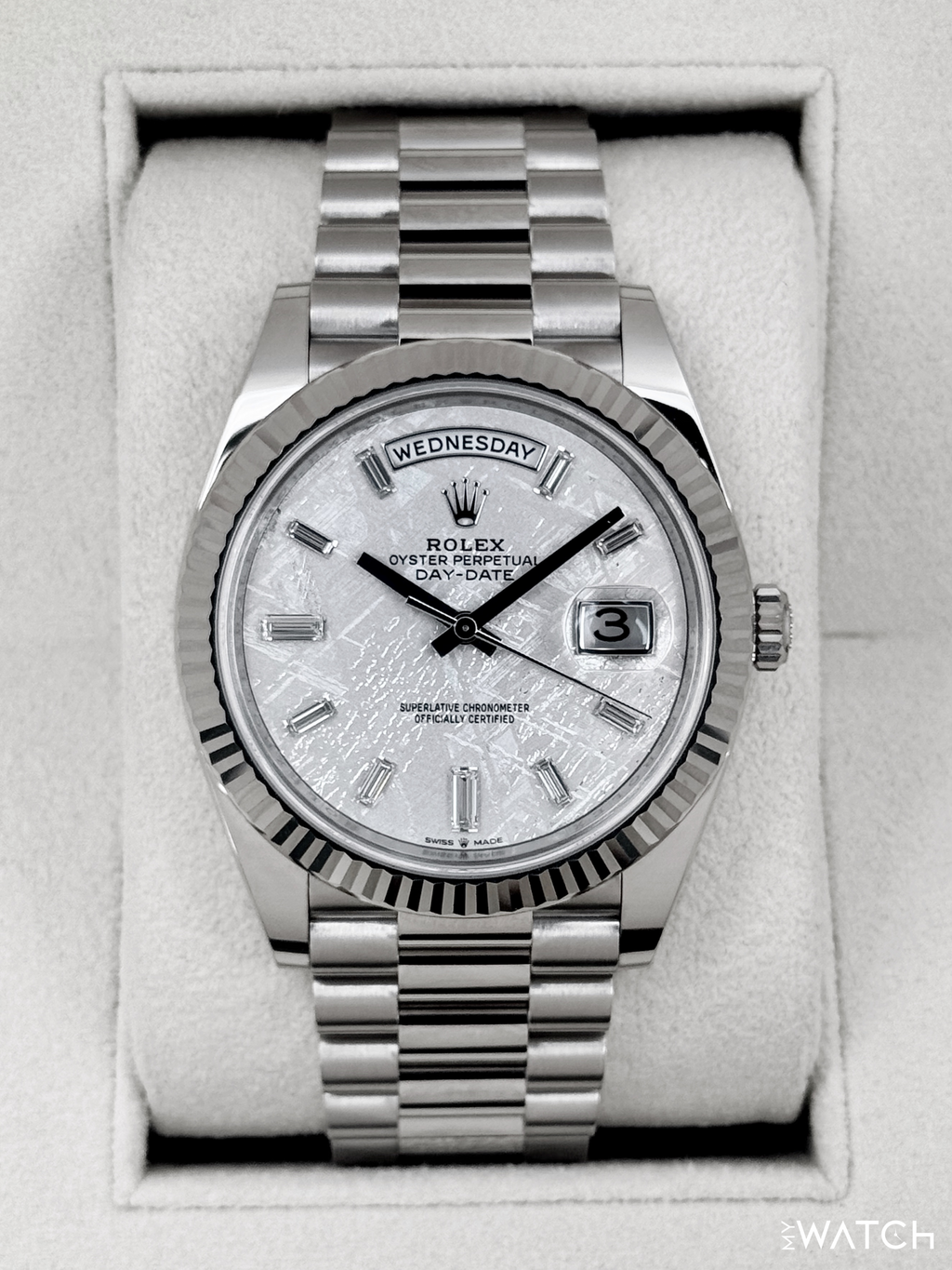 2025 Rolex Day-Date 40mm 228239 Presidential White Gold Meteorite Diamond Dial