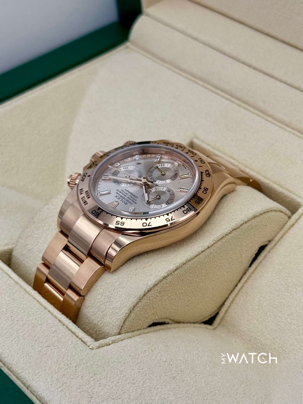 2022 Rolex Daytona 40mm 116505 Rose Gold Sundust Diamond Baguette Dial