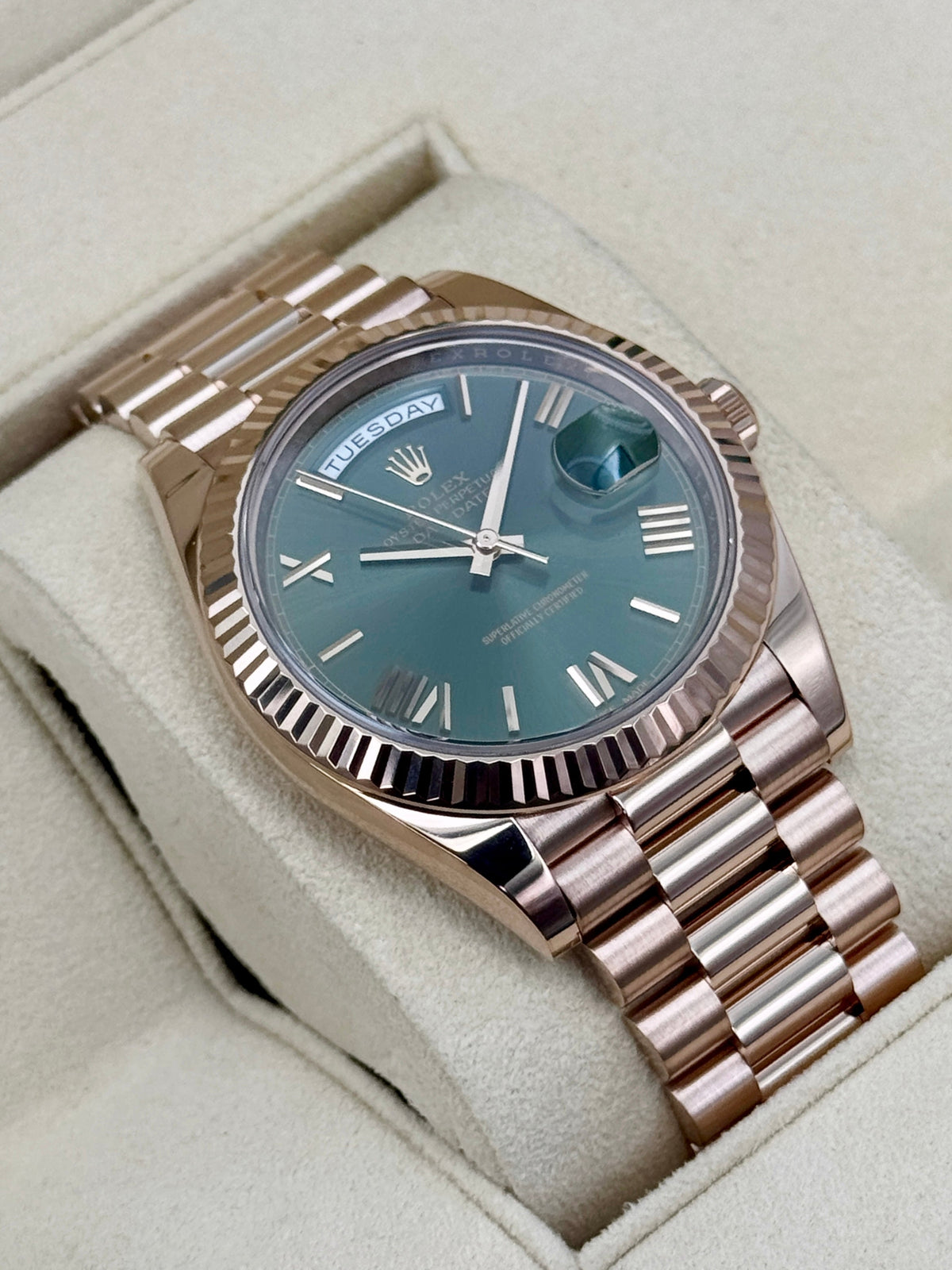 2017 Rolex Day-Date 40mm 228235 Presidential Rose Gold Olive Green Dial