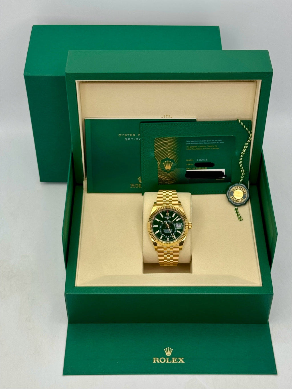 2025 Rolex Sky-Dweller 42mm 336938 Yellow Gold Jubilee Green Dial