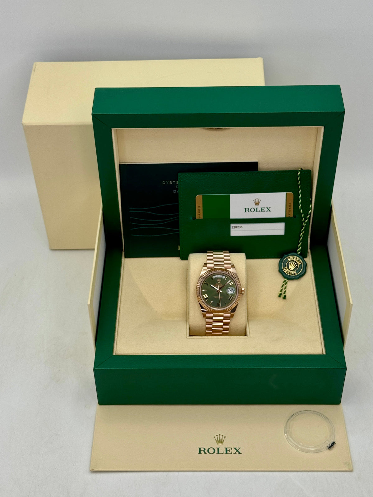 2017 Rolex Day-Date 40mm 228235 Presidential Rose Gold Olive Green Dial
