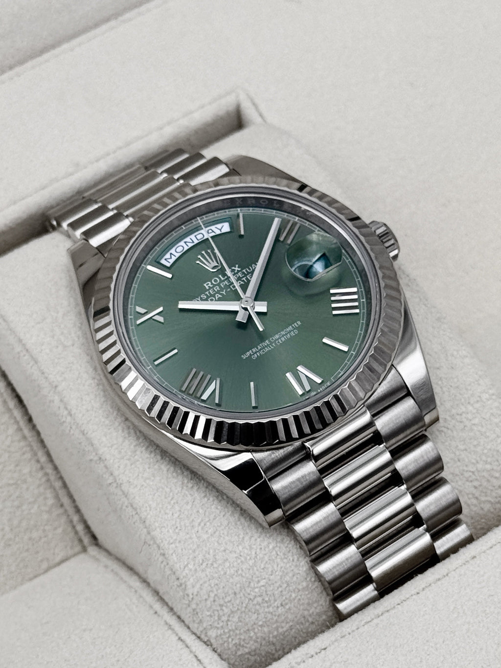 2025 Rolex Day-Date 40mm 228239 White Gold Olive Dial
