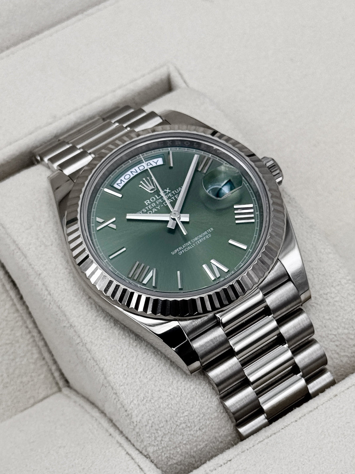 2025 Rolex Day-Date 40mm 228239 White Gold Olive Dial