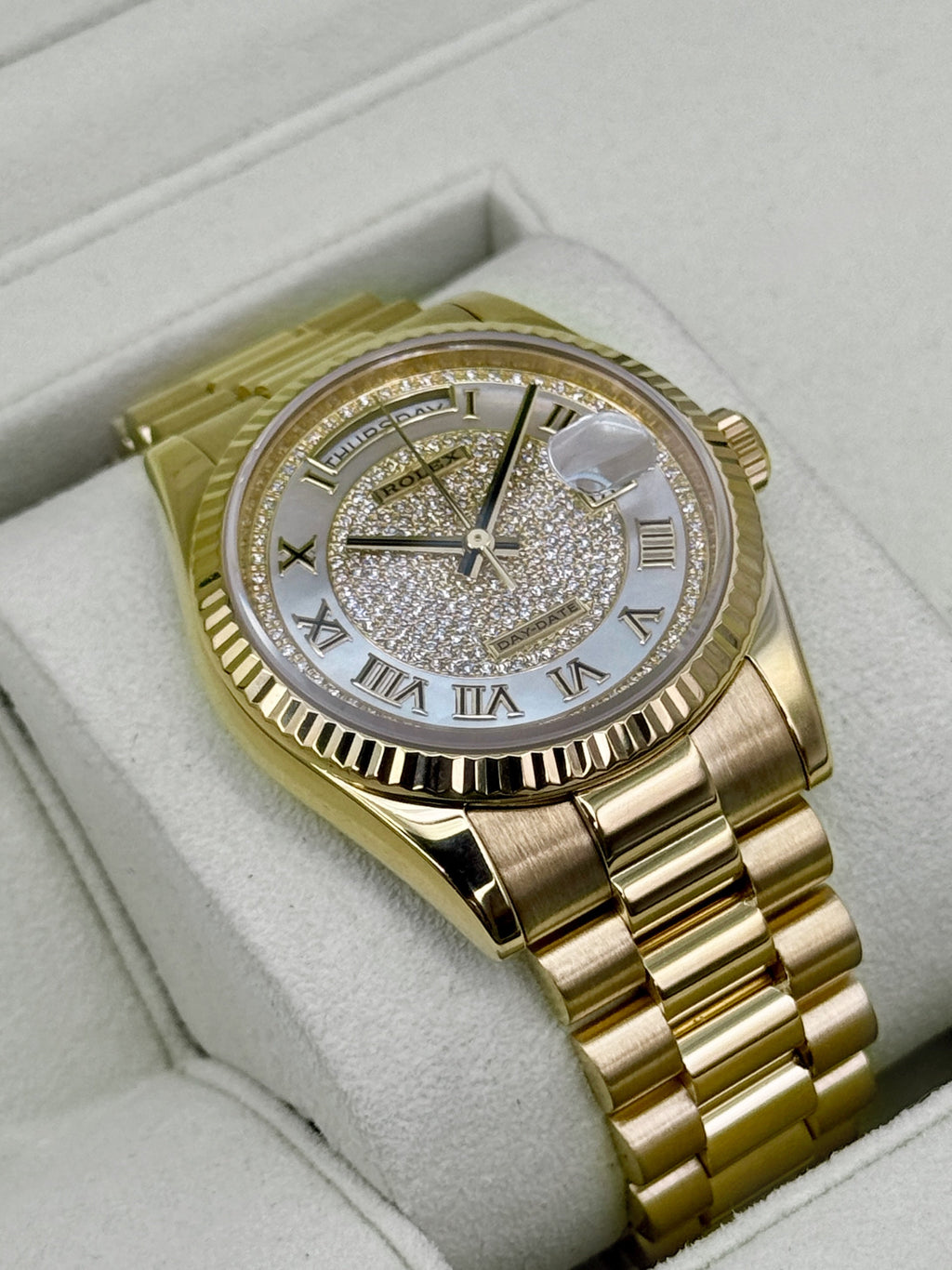 2013 Rolex Day-Date 36mm 118238 Presidential Diamond Pave Mother of Pearl Dial