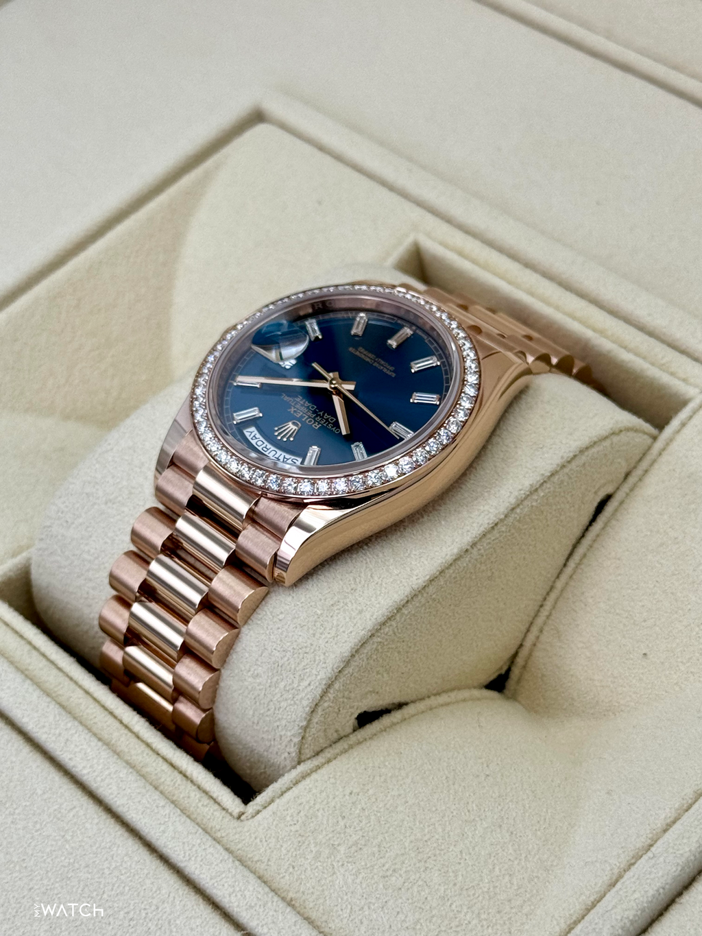 NEW 2025 Rolex Day-Date 36mm 128345RBR Rose Gold Blue Baguette Dial