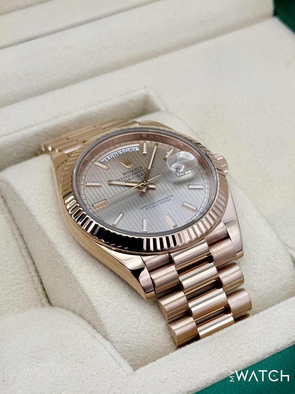 2018 Rolex Day-Date 40mm 228235 Presidential Rose Gold Sundust Stripe Motif Dial