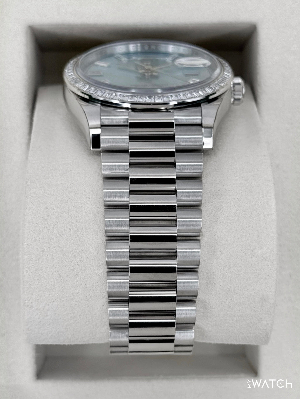 NEW Rolex Day-Date 36mm 128396TBR Ice Blue Diamond Baguette Dial