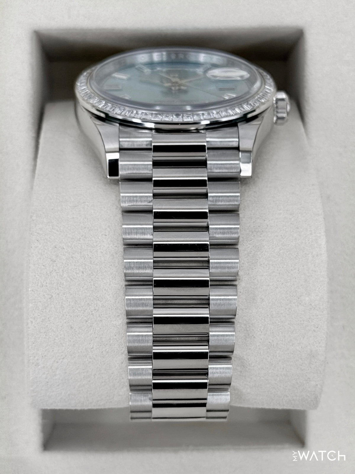 NEW Rolex Day-Date 36mm 128396TBR Ice Blue Diamond Baguette Dial