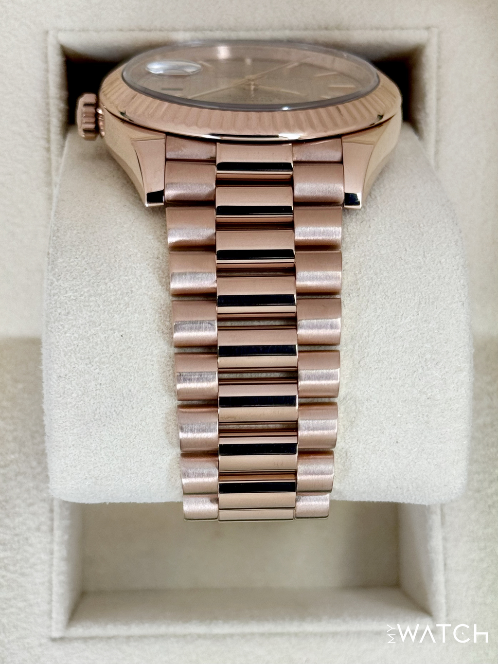 2018 Rolex Day-Date 40mm 228235 Presidential Rose Gold Sundust Stripe Motif Dial