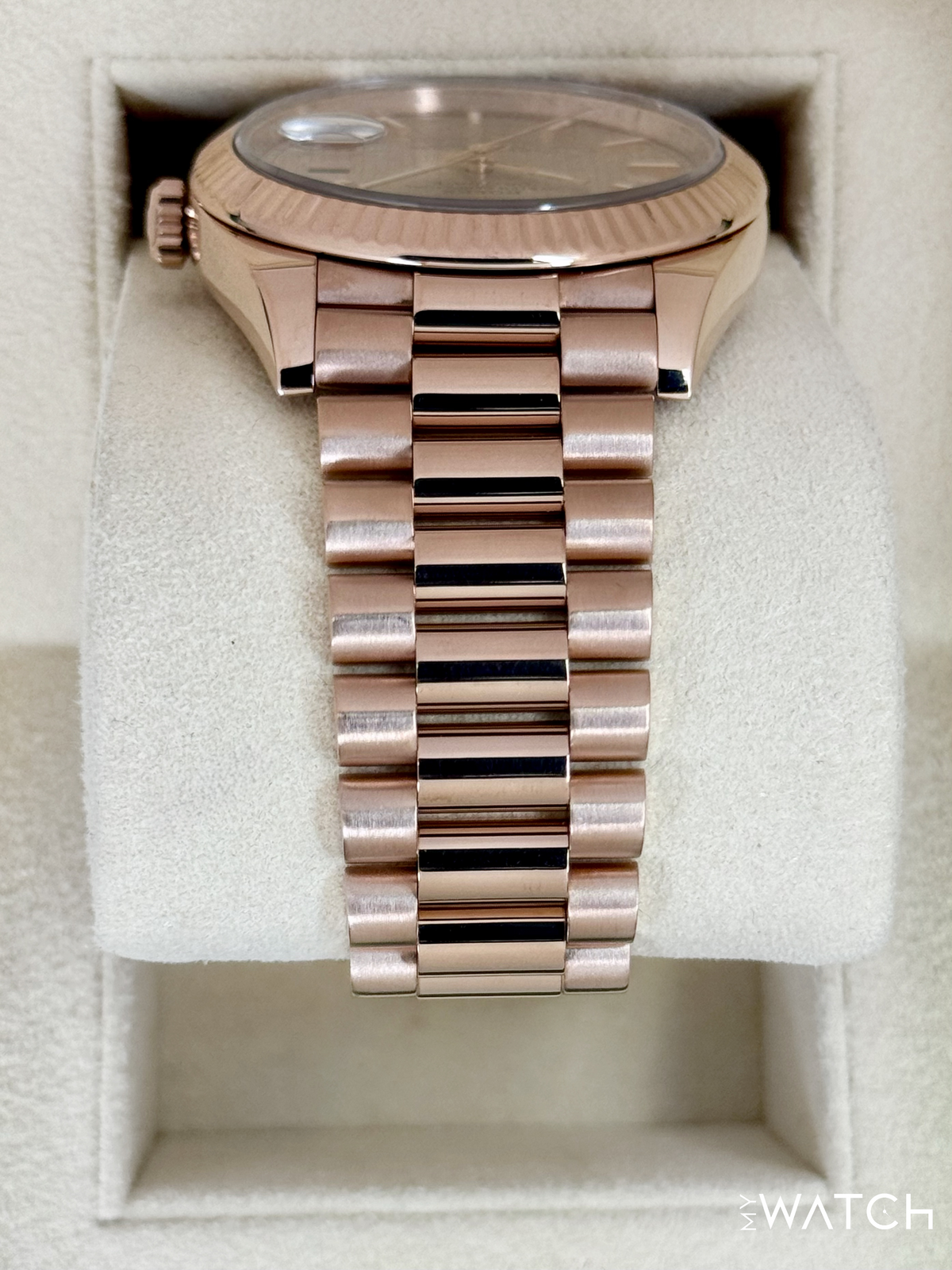 2018 Rolex Day-Date 40mm 228235 Presidential Rose Gold Sundust Stripe Motif Dial