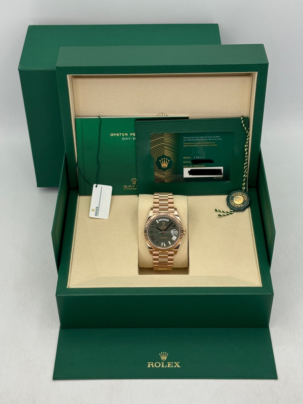 NEW 2025 Rolex Day-Date 40mm 228235 Presidential Rose Gold Olive Green Dial