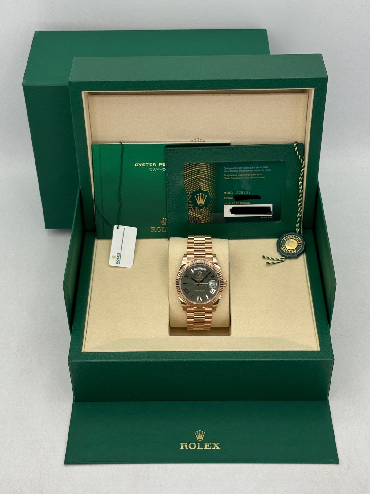 NEW 2025 Rolex Day-Date 40mm 228235 Presidential Rose Gold Olive Green Dial