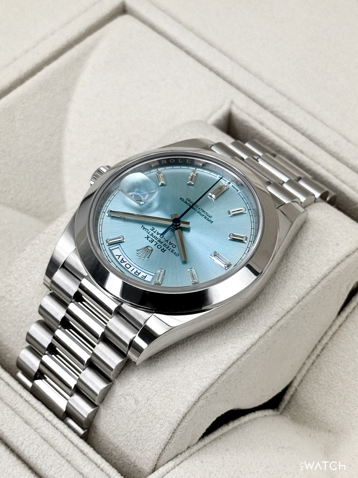 2021 Rolex Day-Date 40mm 228206 Platinum Ice Blue Diamond Dial