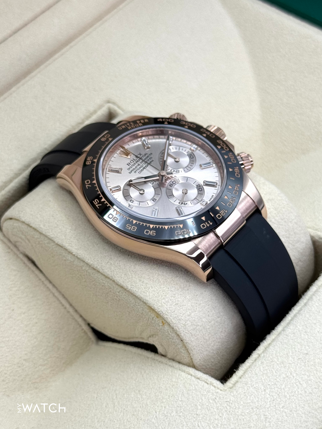 2022 Rolex Daytona 40mm 116515LN Rose Gold Oysterflex Sundust Baguette Dial