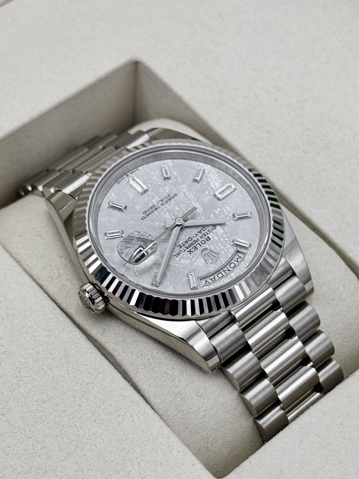 NEW 2026 Rolex Day-Date 40mm 228239 White Gold Meteorite Diamond Dial