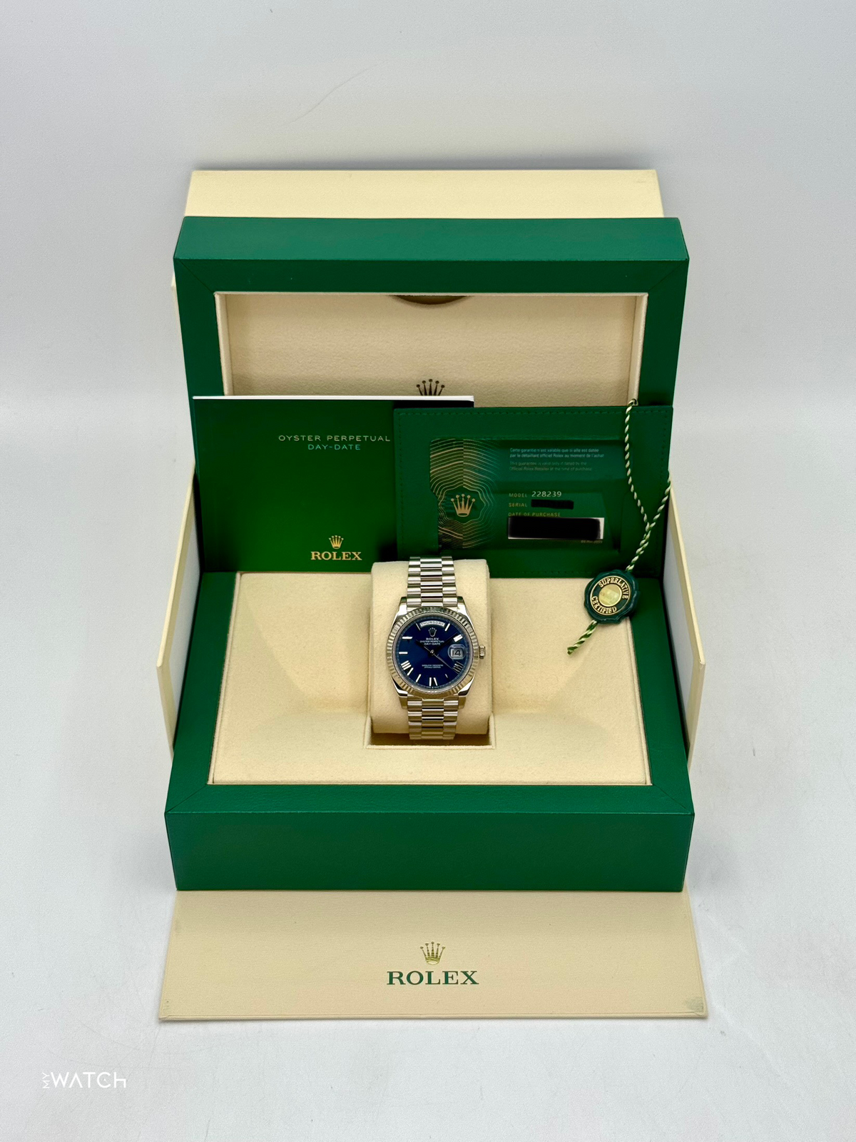 2021 Rolex Day-Date 40mm 228239 White Gold Blue Dial