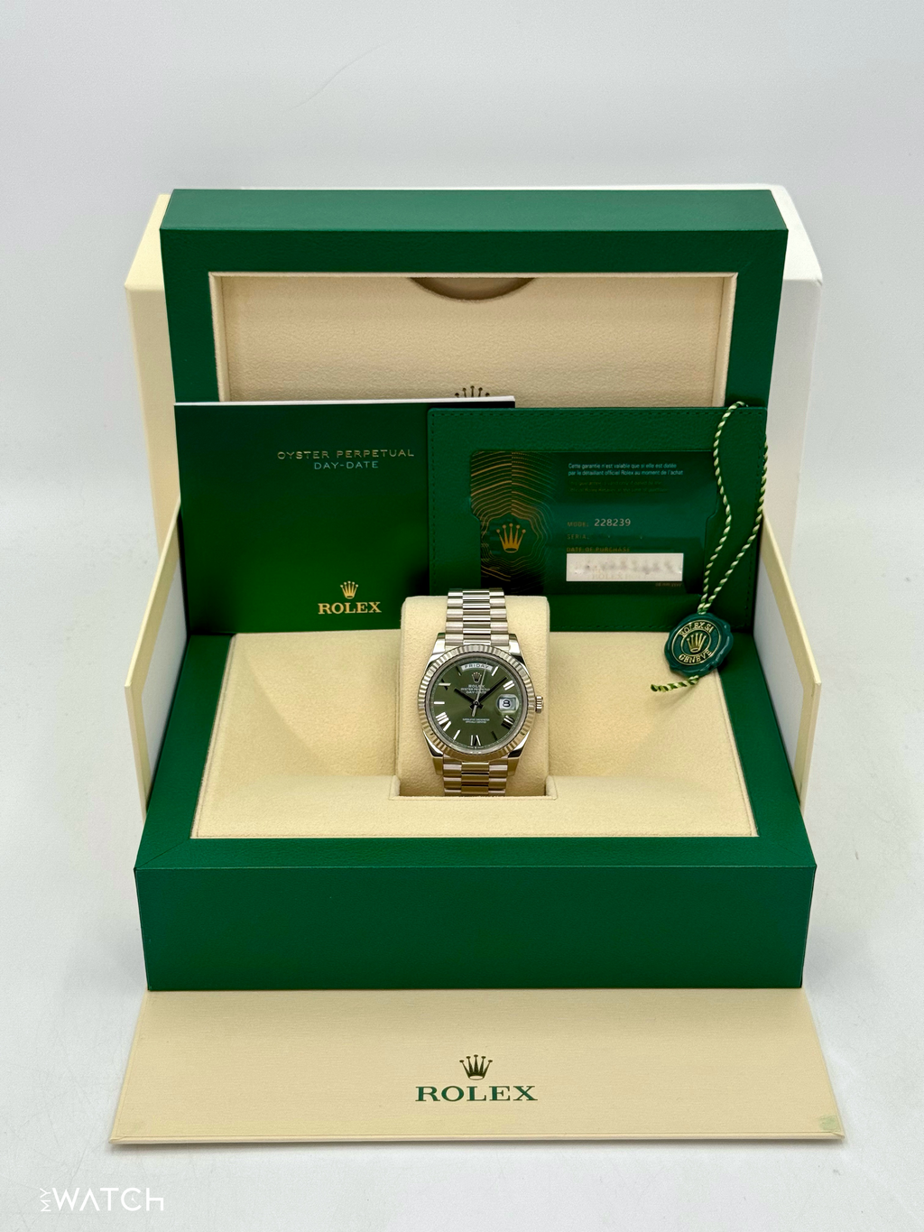 2021 Rolex Day-Date 40mm 228239 White Gold Olive Dial