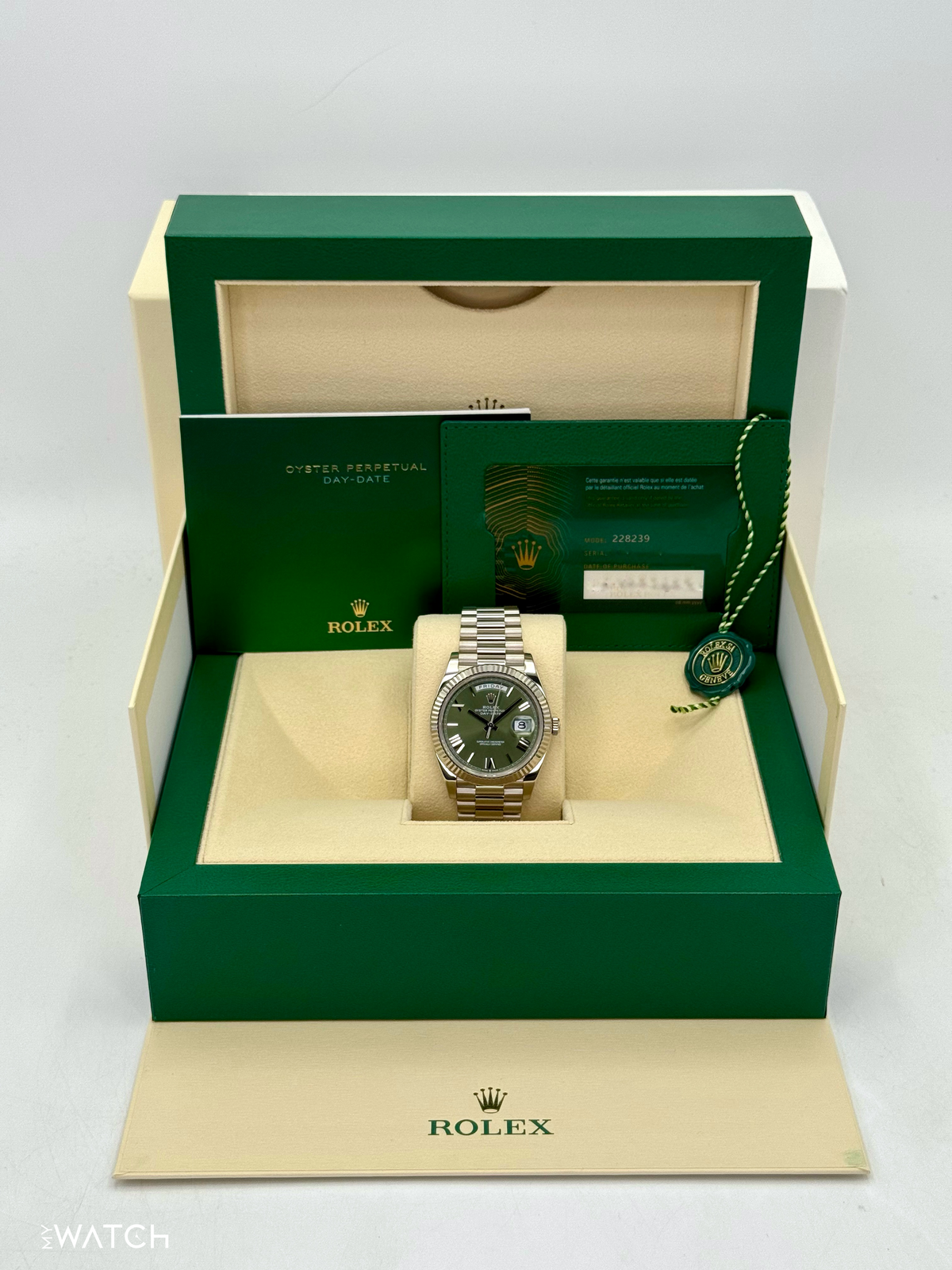 2021 Rolex Day-Date 40mm 228239 White Gold Olive Dial