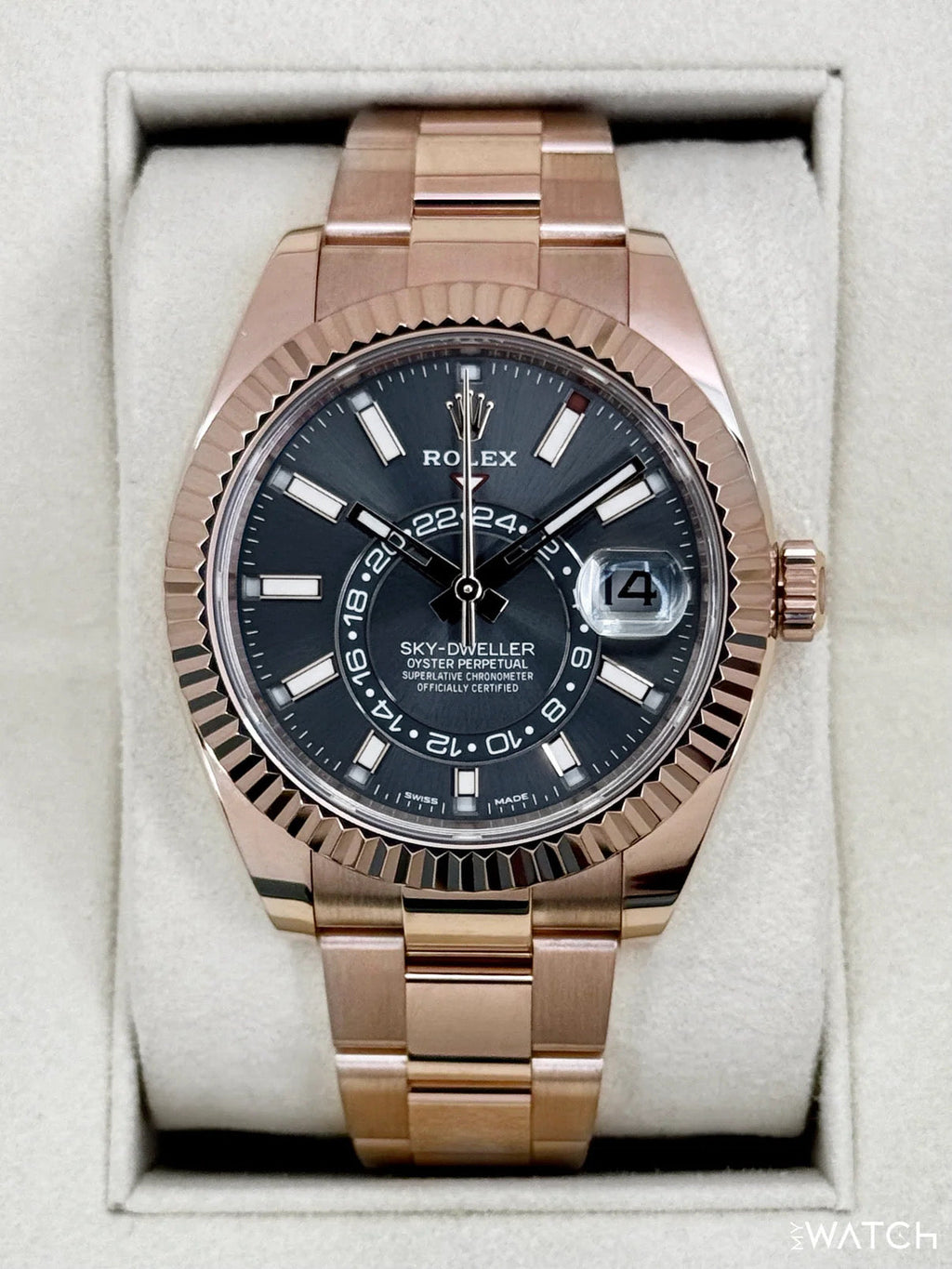 2019 Rolex Sky-Dweller 42mm 326935 Rose Gold Oyster Rhodium Dial