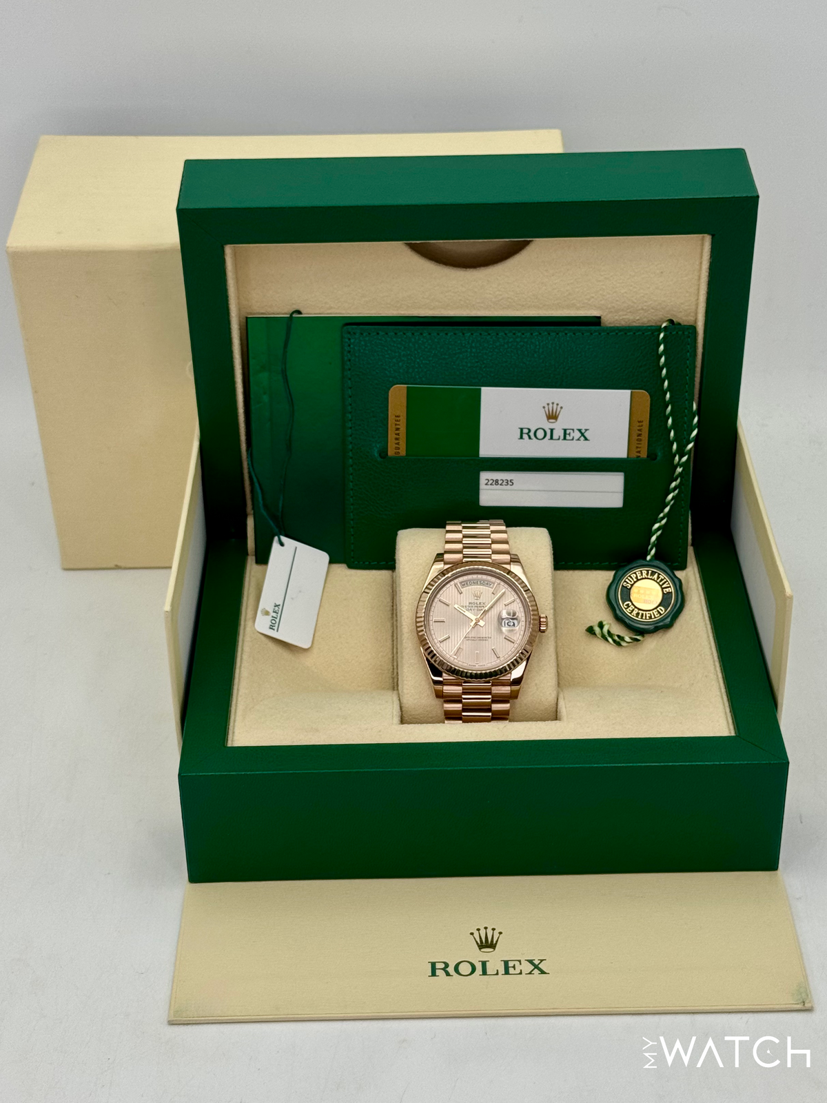 2018 Rolex Day-Date 40mm 228235 Presidential Rose Gold Sundust Stripe Motif Dial
