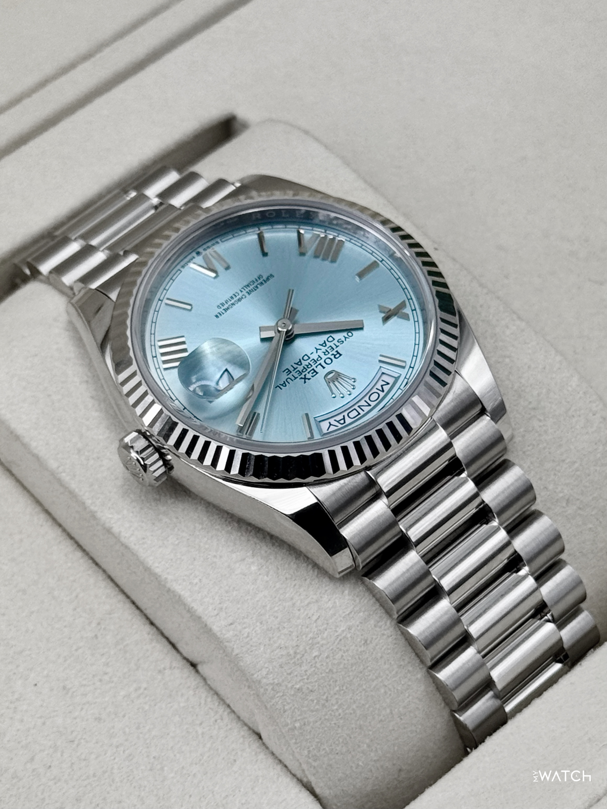 NEW 2026 Rolex Day-Date Platinum 36mm 128236 Ice Blue Roman Dial