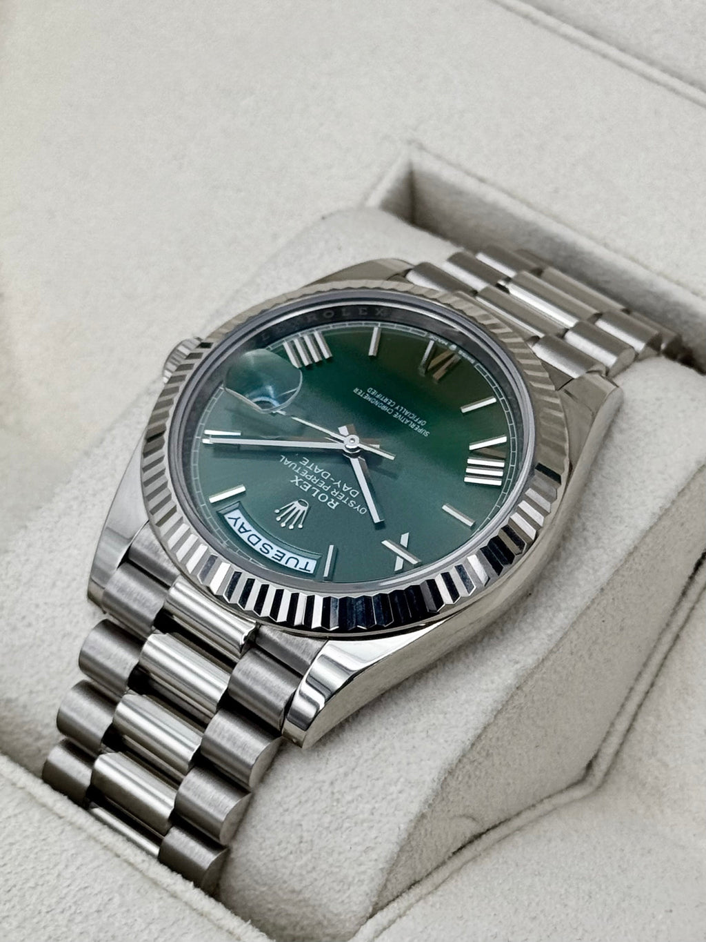 2023 Rolex Day-Date 40mm 228239 White Gold Olive Dial