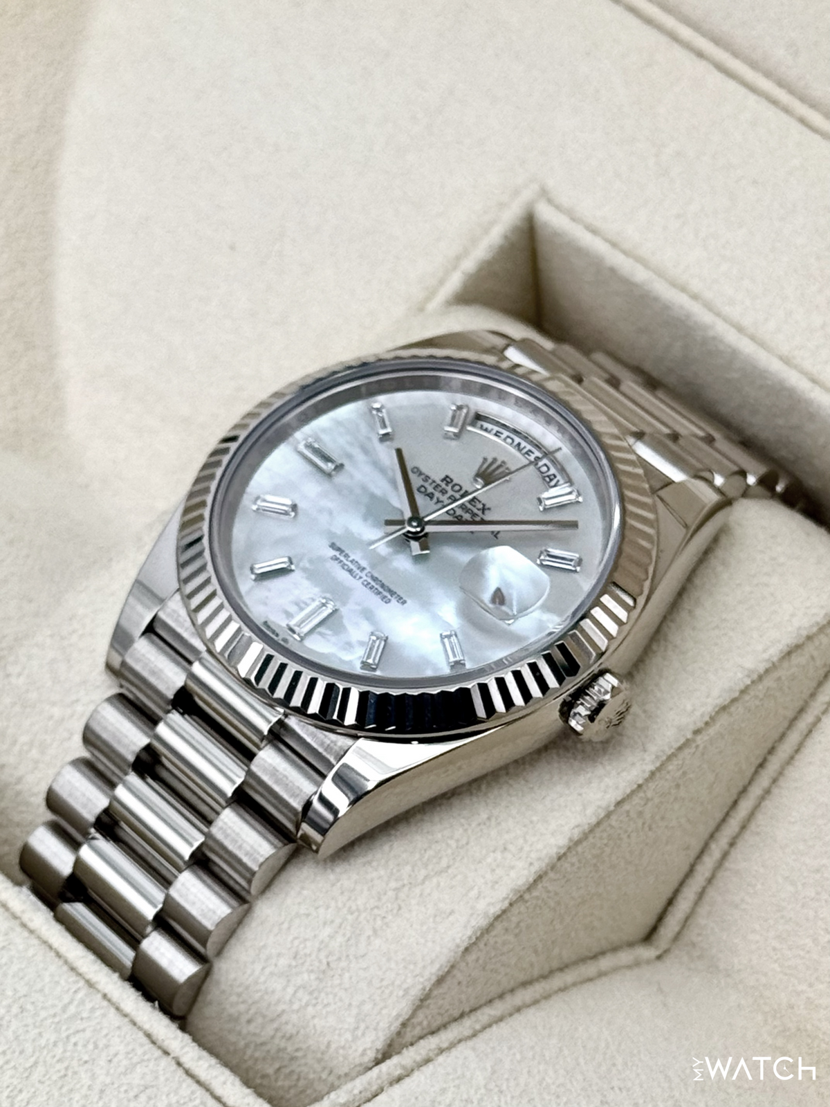 2024 Rolex Day-Date 40mm 228239 White Gold Mother of Pearl Diamond Dial