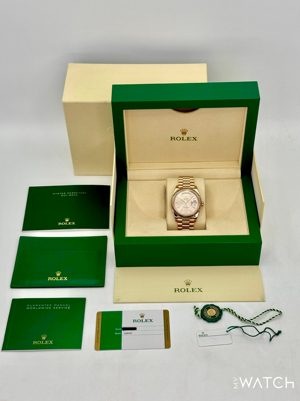 2018 Rolex Day-Date 40mm 228235 Presidential Rose Gold Sundust Stripe Motif Dial