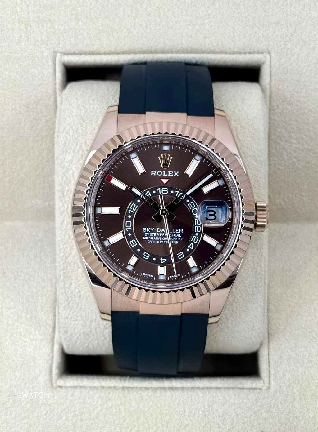 2022 Rolex Sky-Dweller 42mm 326235 Rose Gold Oysterflex Chocolate Dial