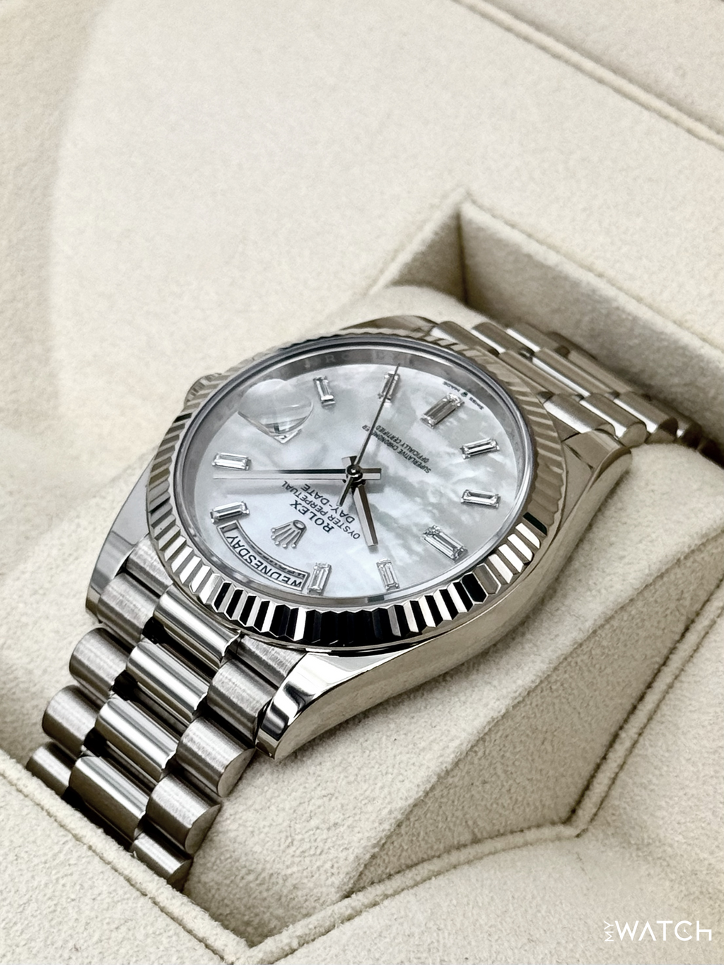 2024 Rolex Day-Date 40mm 228239 White Gold Mother of Pearl Diamond Dial