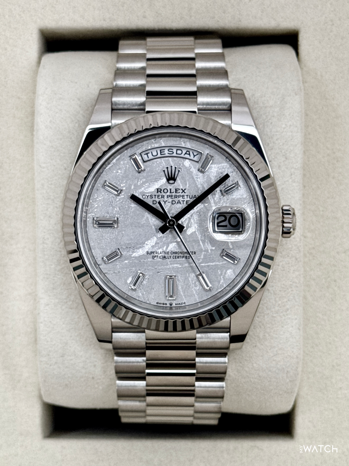 NEW 2026 Rolex Day-Date 40mm 228239 White Gold Meteorite Diamond Dial