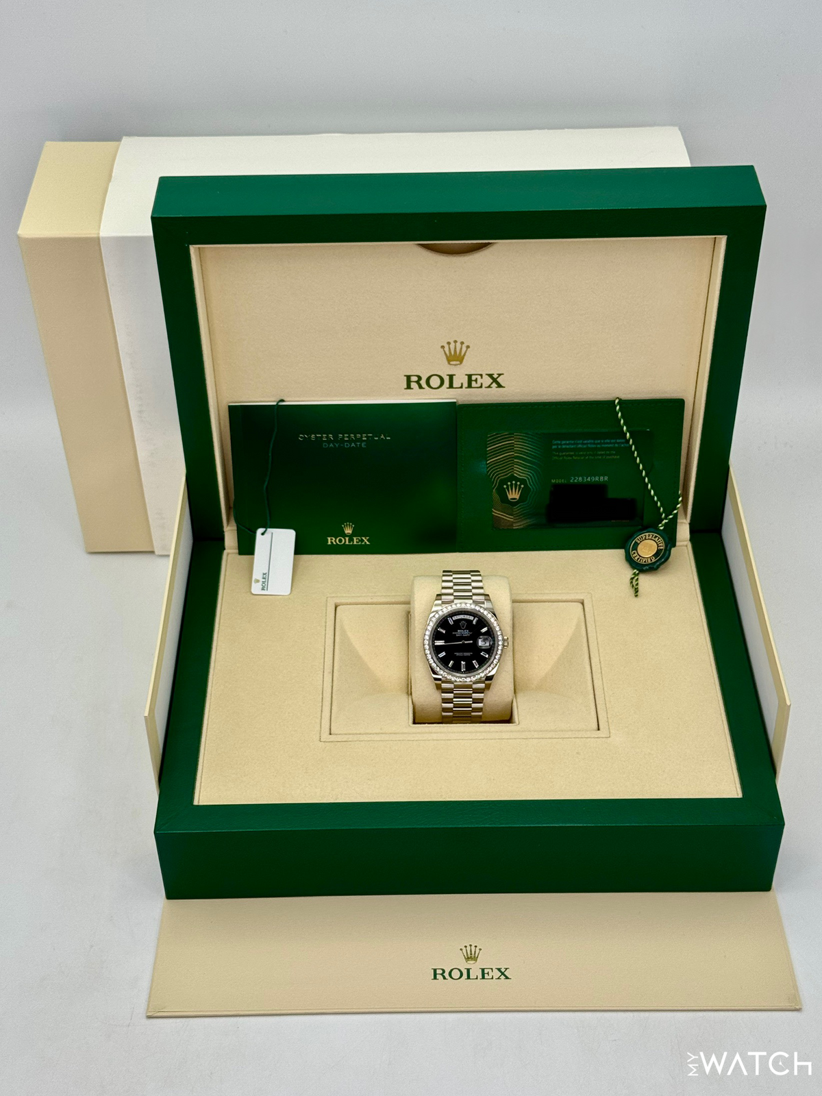 2023 Rolex Day-Date 40mm 228349RBR Presidential Black Diamond Baguette Dial