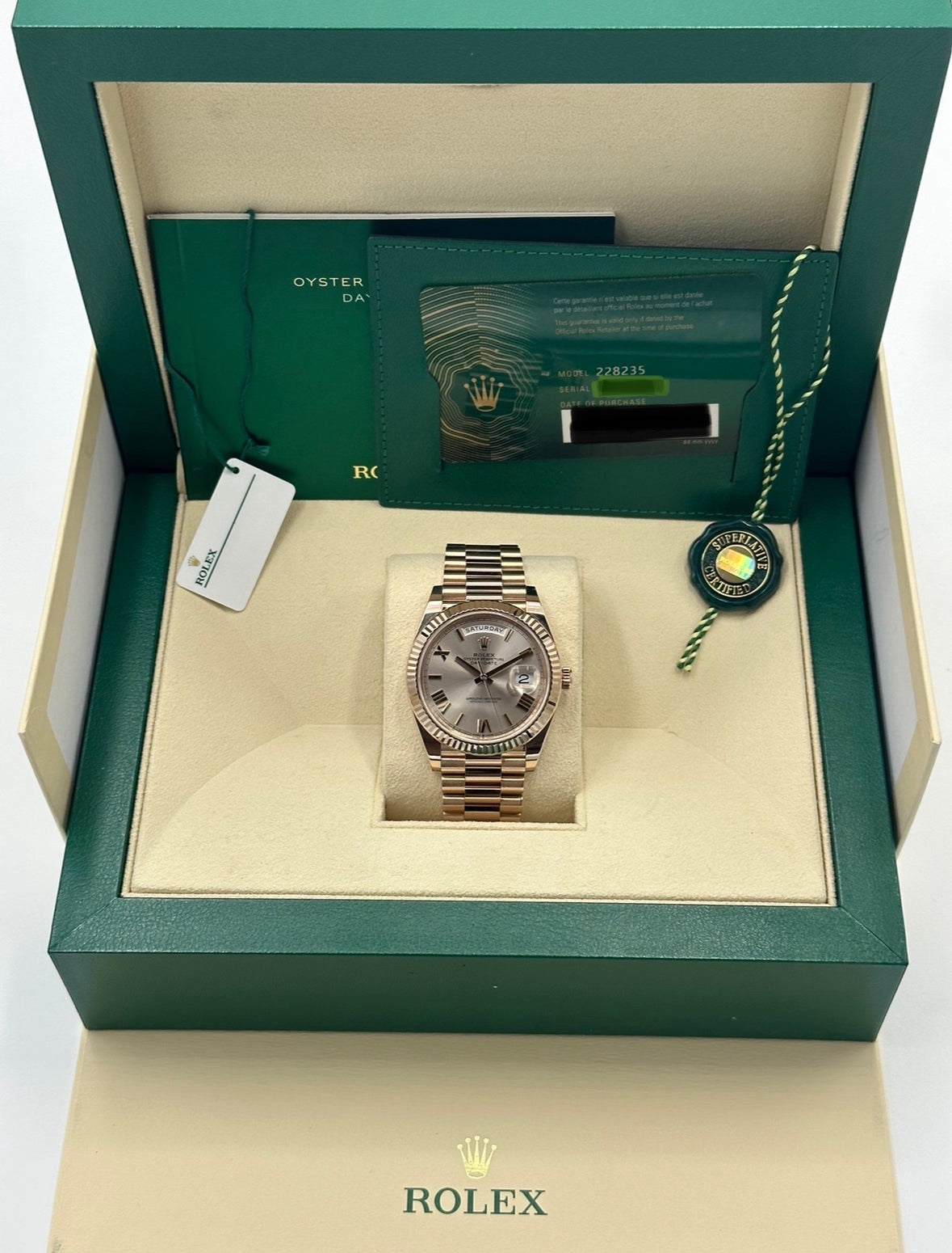 NEW 2023 Rolex Day-Date 40mm 228235 Presidential Rose Gold Sundust Dial