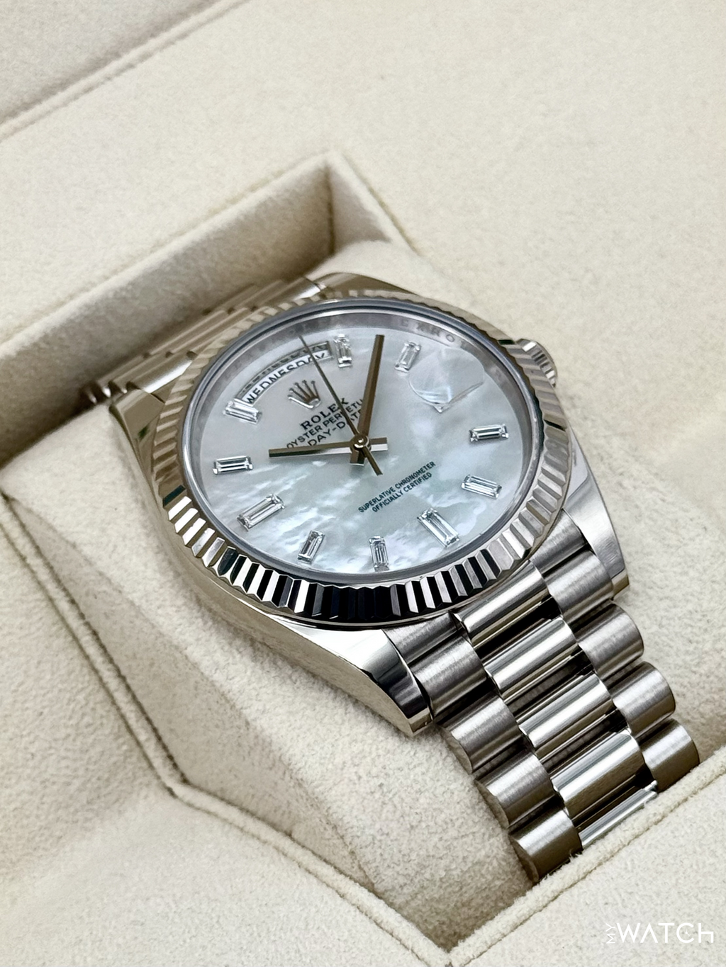 2024 Rolex Day-Date 40mm 228239 White Gold Mother of Pearl Diamond Dial