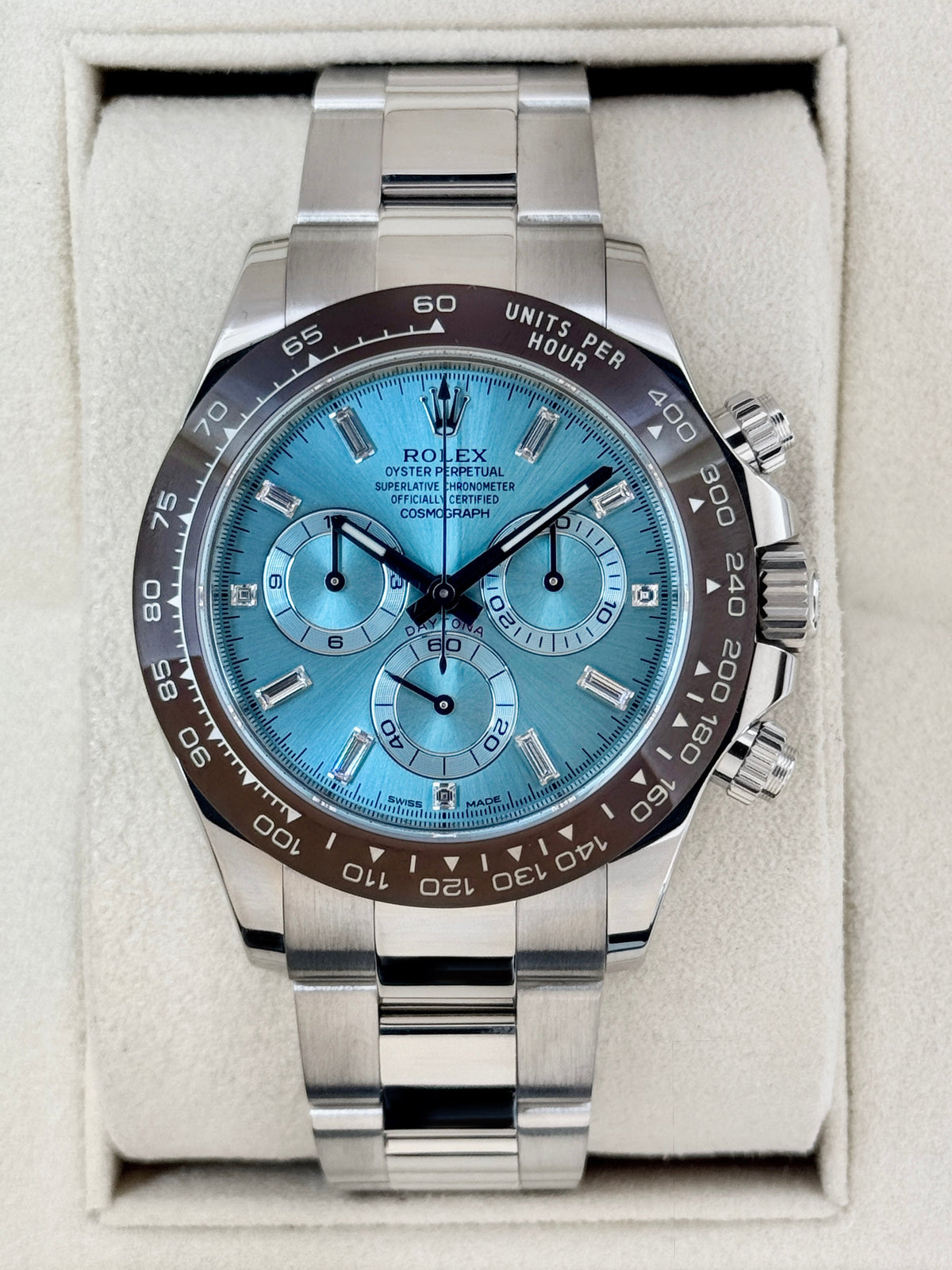 2020 Rolex Daytona 40mm 116506 Platinum Ice Blue Diamond Baguette Dial