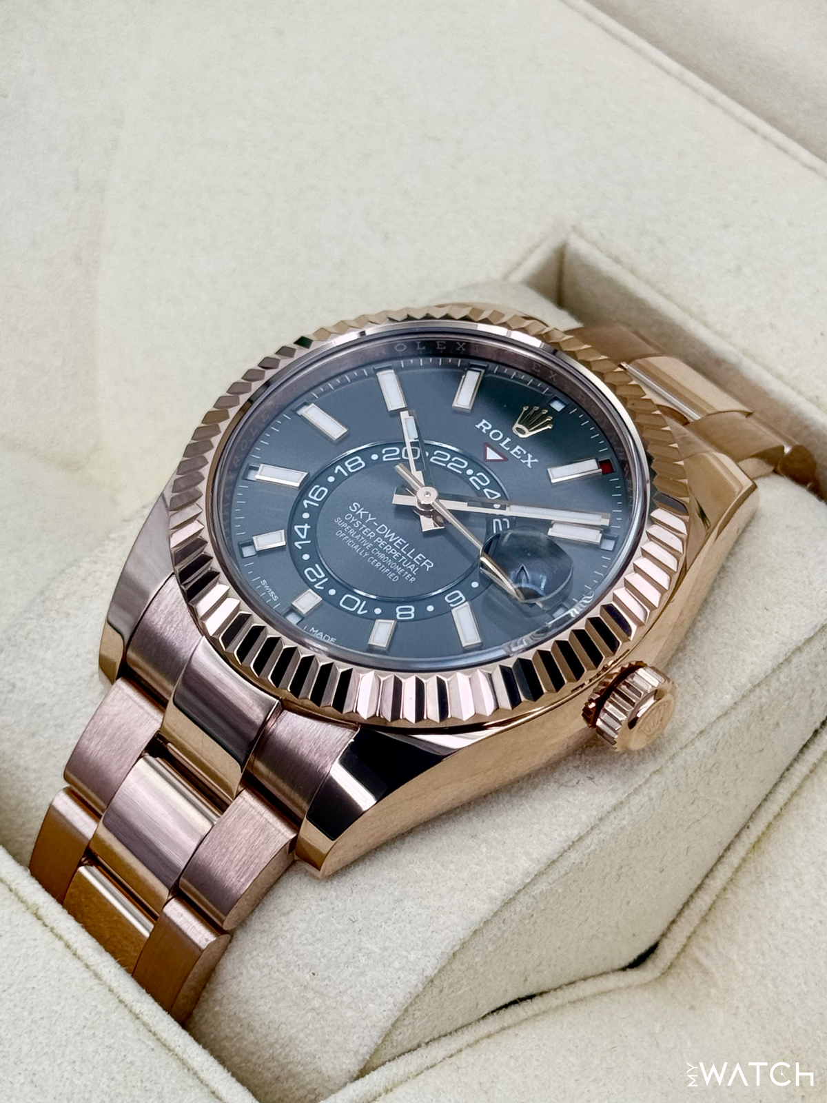 2019 Rolex Sky-Dweller 42mm 326935 Rose Gold Oyster Rhodium Dial