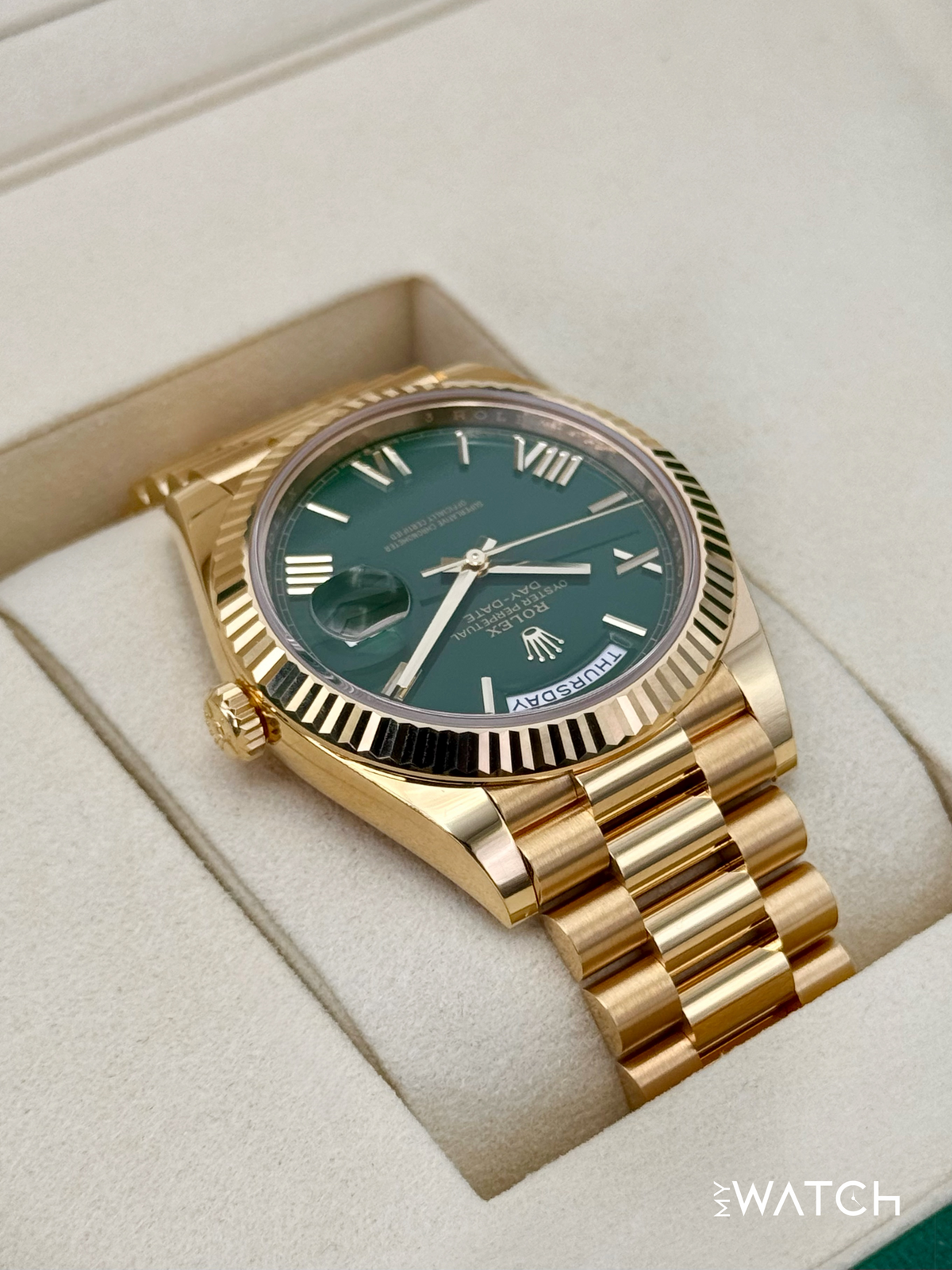 2025 Rolex Day-Date 40mm 228238 Presidential Yellow Gold Green Dial