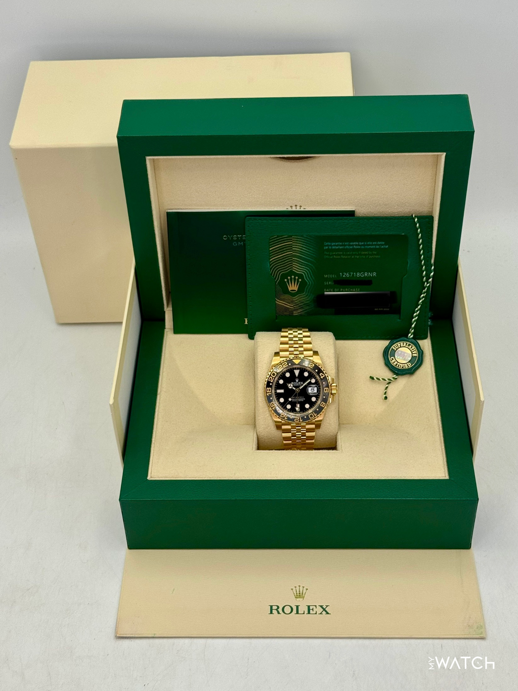 2023 Rolex GMT-Master II 40mm 126718GRNR Yellow Gold Jubilee Black Dial