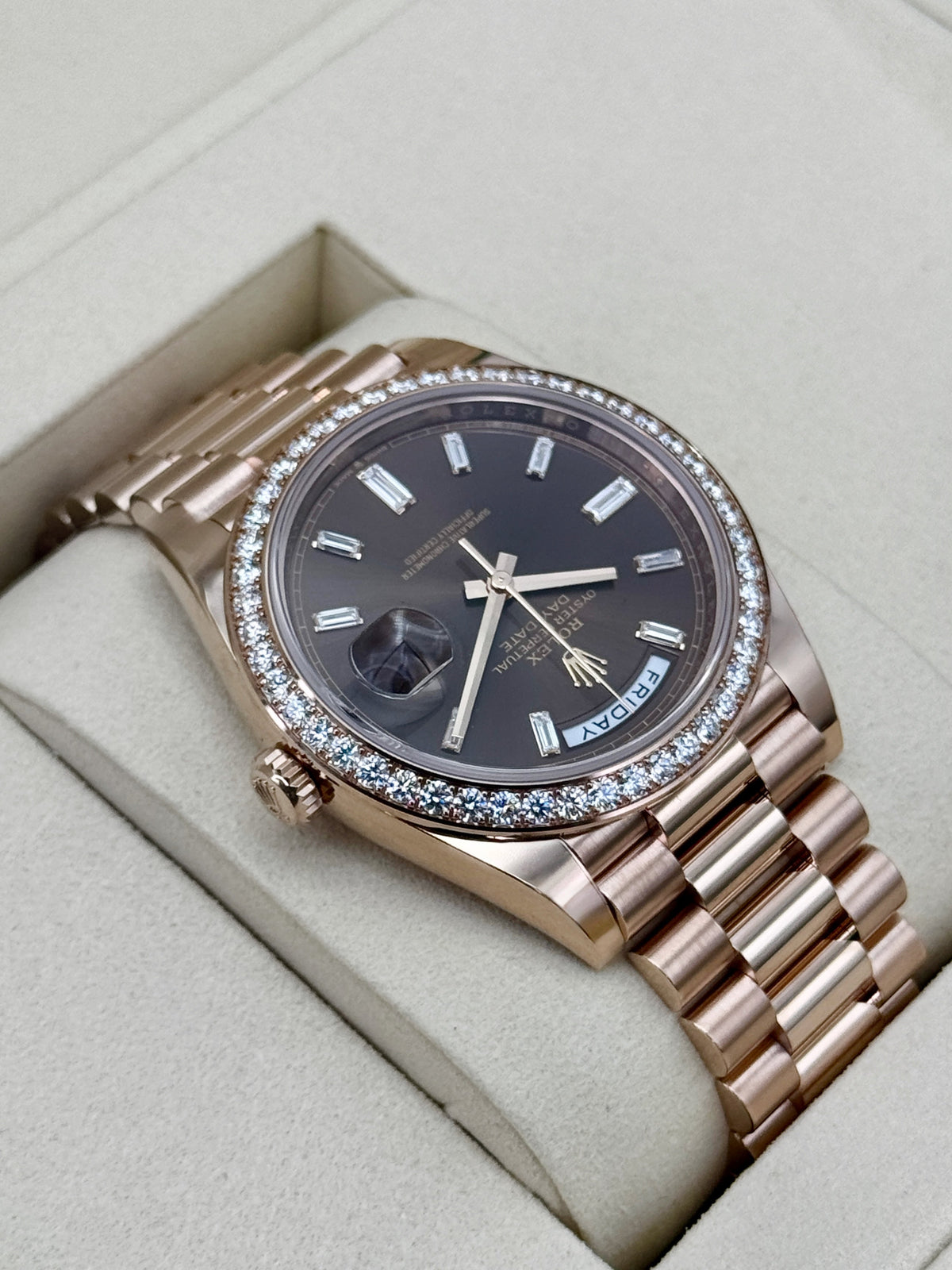 NEW 2026 Rolex Day-Date 40mm 228345RBR Rose Gold Chocolate Diamond Dial (NEW STYLE CARD and STICKERED)