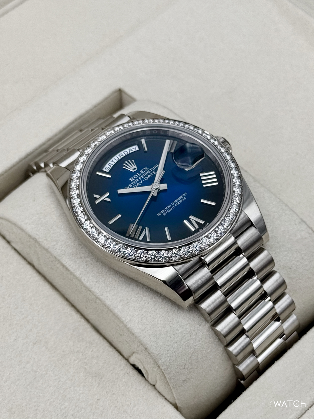 2025 Rolex Day-Date 40mm 228349RBR Presidential White Gold Blue Ombre Dial