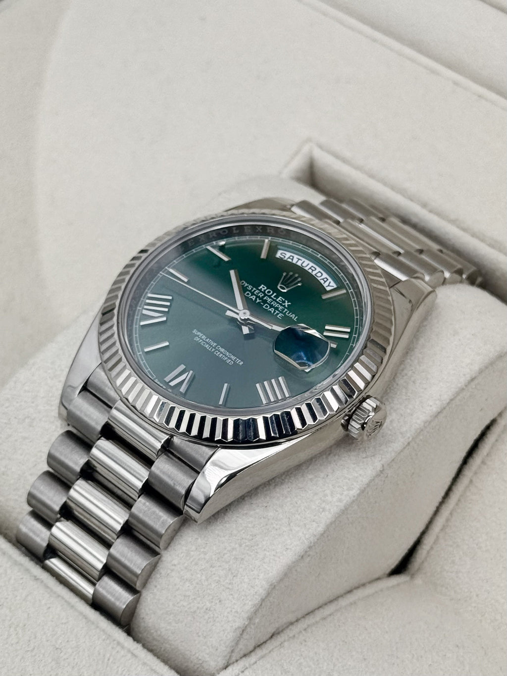 2020 Rolex Day-Date 40mm 228239 Presidential White Gold Olive Green Dial