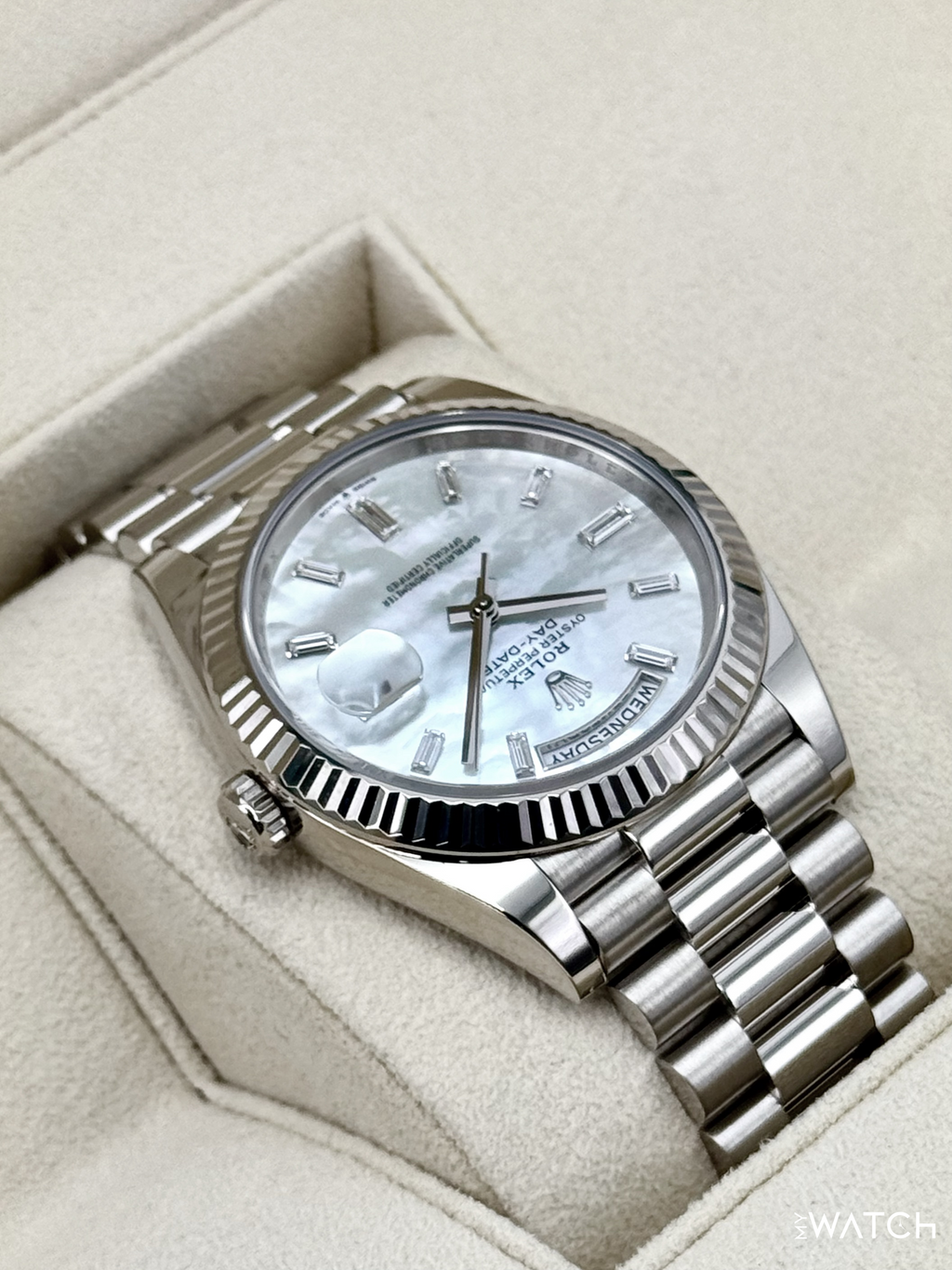 2024 Rolex Day-Date 40mm 228239 White Gold Mother of Pearl Diamond Dial