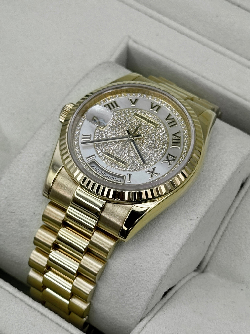 2013 Rolex Day-Date 36mm 118238 Presidential Diamond Pave Mother of Pearl Dial