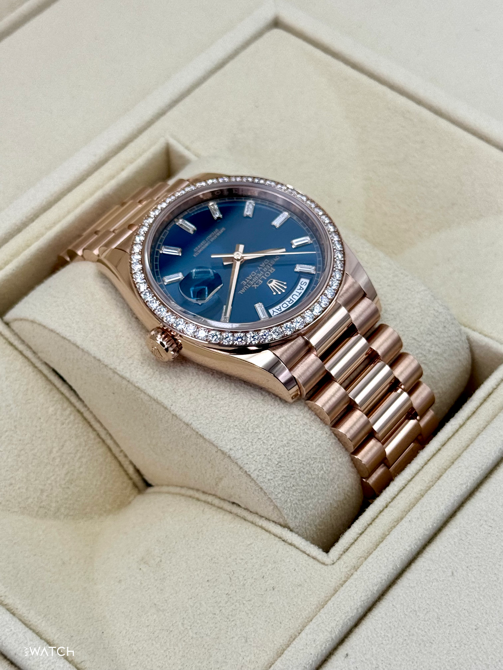 NEW 2025 Rolex Day-Date 36mm 128345RBR Rose Gold Blue Baguette Dial