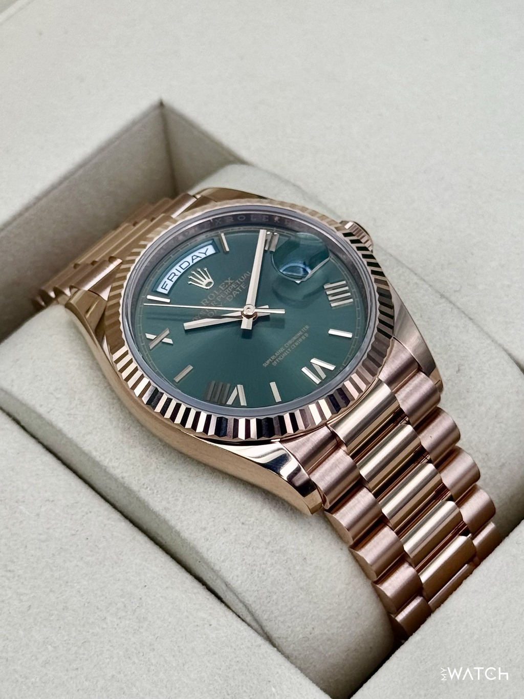 NEW 2026 Rolex Day-Date 36mm 128235 Presidential Rose Gold Olive Green Dial