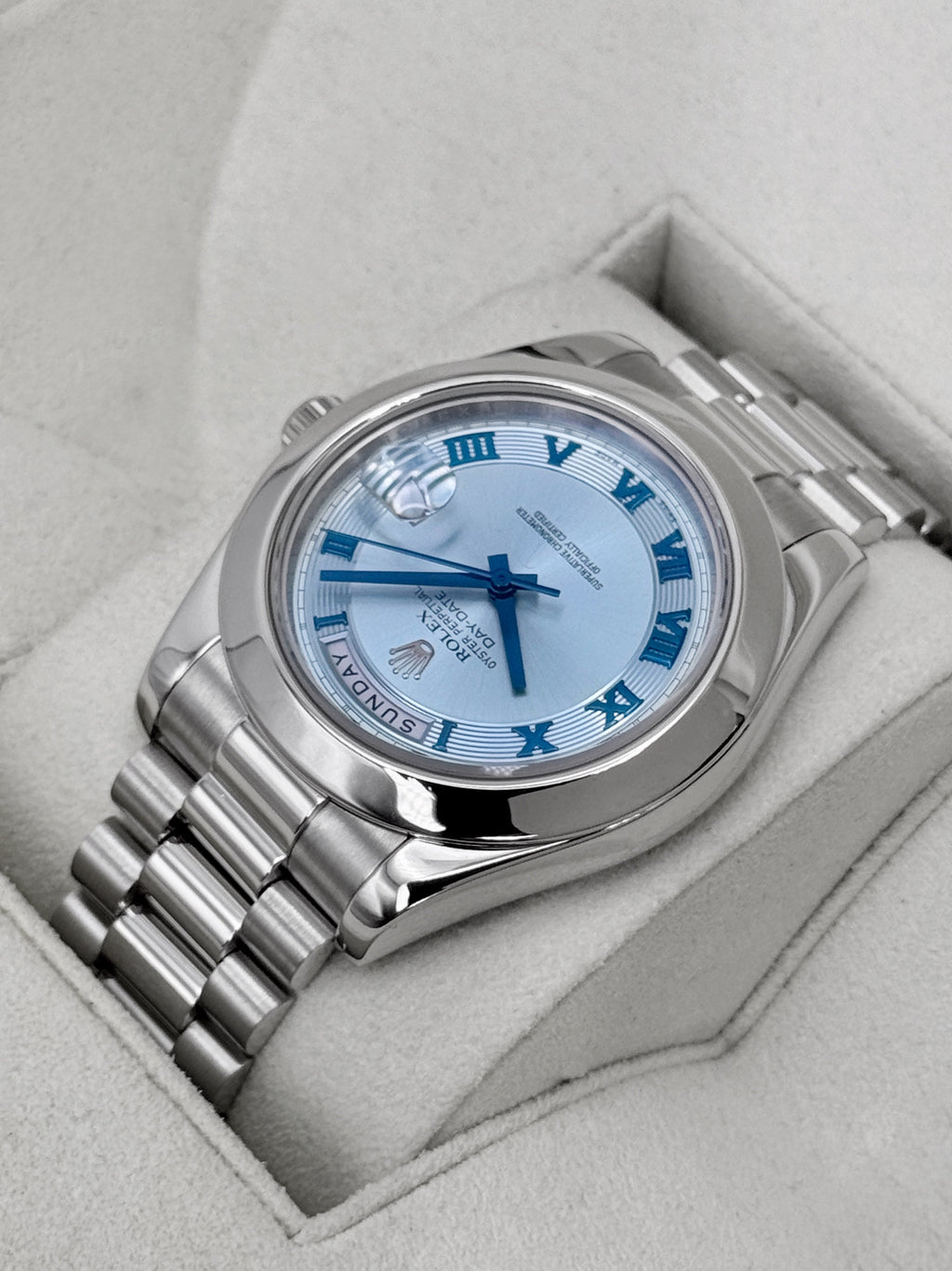 2014 Rolex Day-Date II 41mm 218206 Platinum Ice Blue Roman Numeral Dial